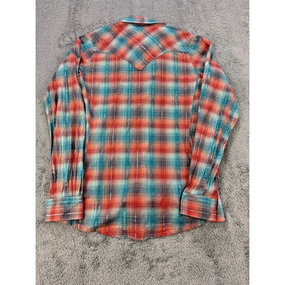 Wrangler Button Up Shirt Women S Rust Blue Metallic Plaid Embellished Cowboy - Picture 3 of 7